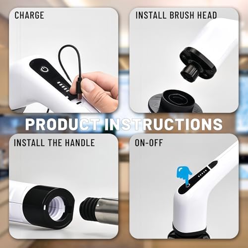 Electric Spin Scrubber- Ditch the Scrubbing! Long Handle Shower Scrubber with 9 Replaceable Heads - 2 Speed Cordless Brush Ensures Long Battery Life, Modern Design! (White) - Image 4