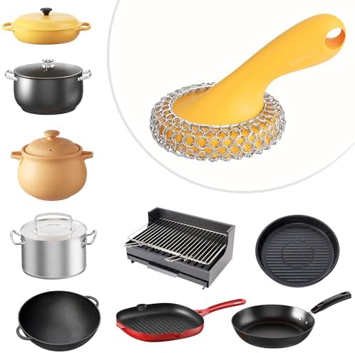 SUBEKYU Cast Iron Scrubber with Silicone Handle, Stainless Steel Skillet Cleaner for Cast Iron Pans (Yellow) - Image 6