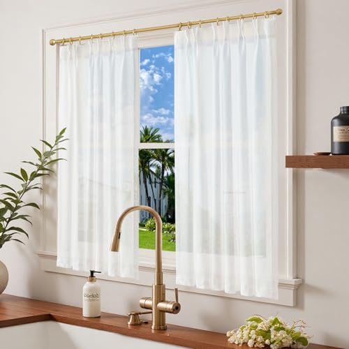 jinchan Linen Pinch Pleated Back Tab Tier Curtains, 38x54, White - Image 2