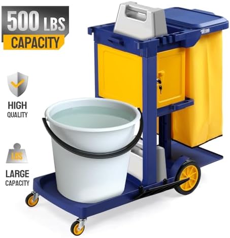 TUFFIOM Multifunctional Janitorial Cart with Key-Locking Cabinet,Cleaning Carts on Wheels,with 15 Gallon Collection Bag,500 lbs Capacity, Yellow&Blue - Image 7