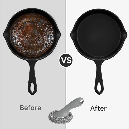 SUBEKYU Cast Iron Scrubber with Silicone Handle, Stainless Steel Skillet Cleaner for Cast Iron Pans (Gray Scrubber + Scraper) - Image 2