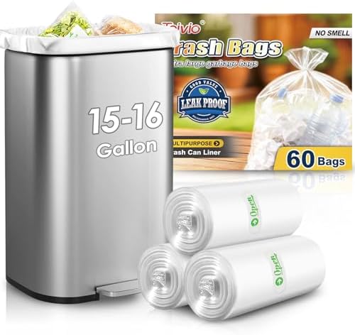 Teivio Large Tall Kitchen Clear Trash Bags 15 Gallon 60 Count Garbage Bags by Teivio
