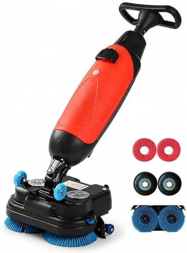 Cordless Floor Scrubber For Small Commercial Spaces,17In 140aw Walk-Behind Cleaning Machine W/360° Rotation Dual Brush/Squeegee Width 430mm-For Offices,Restaurants, Salons Retail Stores Red by Unknown