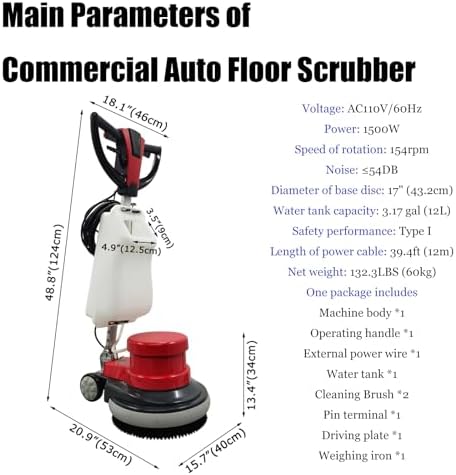 17" Commercial Floor Scrubber Buffer Industrial Heavy Duty Polisher Commercial Carpet Floor Brushing Machine Multifunctional Ground Scrubber Buffer Heavy Duty Polisher Cleaner, AC110V 60Hz - Image 3