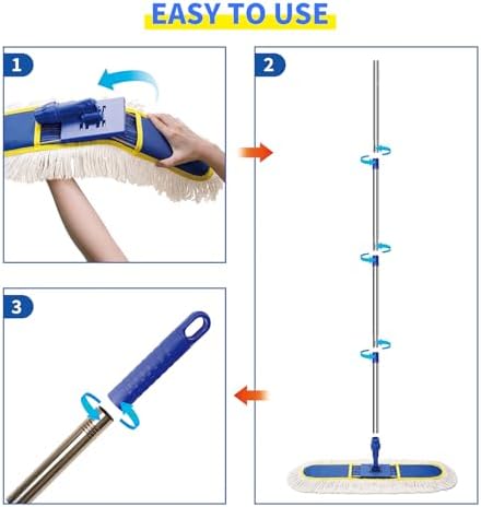 29.5" Commercial Dust Mop for Floor Cleaning,Heavy Duty Floor Duster with 2 Cotton Reusable Mop Pads,61” Long Handle Wet Dry Flat Mops for Hardwood Floors,Marble, Laminate,Tile,Concrete,Garage (Blue) - Image 7