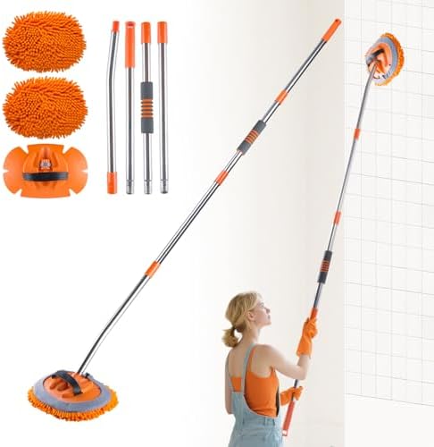 Wall Cleaner Mop with 68” Long Handle,15°Labor-Saving Elbow,Multi-Surface Duster for Painted Walls,Floor,Baseboard & Windows, Includes 2 Replaceable Microfiber Chenille Pads by Homilifibra