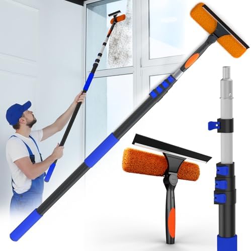26FT Reach Window Squeegee for Window Cleaning Kit with 5-20 Foot Telescoping Extension Pole, 2 in 1 Window Squeegee, Cobweb Duster, Dust Kit Window Washing Kit for Car, Shower Glass Door by SKGPOLE