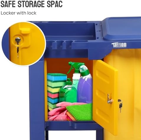 TUFFIOM Multifunctional Janitorial Cart with Key-Locking Cabinet,Cleaning Carts on Wheels,with 15 Gallon Collection Bag,500 lbs Capacity, Yellow&Blue - Image 2