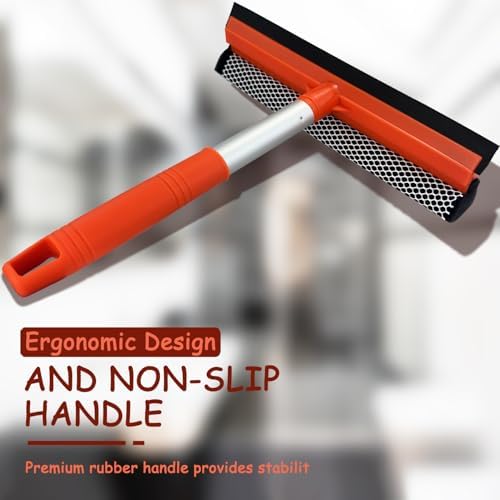 Shower Squeegee Window Squeegee Cleaner for Shower Doors Glass, 2 in 1 Window Cleaning Tool Window Scrubber Handheld Squeegee for Car Windshield with Sponge and Rubber Squeegee, Red - Image 4