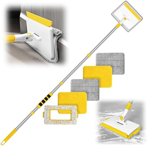 JEHONN Baseboard Cleaner Tool with Handle, 56 inches Base Boards Cleaning Mop Scrubber, 1 Stiff Bristles Brush, 2 Chenille and 2 Microfiber Pads, Wall Duster for Floorboard Ceiling Window (Yellow) by JEHONN