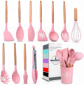 Kitchen Utensils Set with Holder for Nonstick Cookware - 12 Pcs Pink Silicone Cooking Utensils Set, Kitchen Tools for Daily Cooking - Wooden Handle Cooking Tools for Baking Serving and Mixing Tasks by V-TOWER