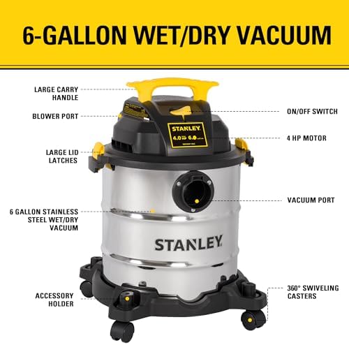 STANLEY SL18116 Wet/Dry Vacuum, 6 Gallon, 4 Horsepower, Stainless Steel Tank, 4.0 HP, Silver+Yellow - Image 3