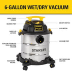 STANLEY SL18116 Wet/Dry Vacuum, 6 Gallon, 4 Horsepower, Stainless Steel Tank, 4.0 HP, Silver+Yellow - Image 3