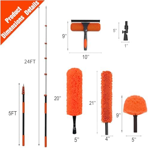 30FT Reach Duster Kit, Window Cleaning with 5-24FT Telescoping Extension Pole, High Ceiling Duster, Microfiber Feather Duster, Cobweb Duster, Window Squeegee, Feather Duster, Extendable Pole Kit - Image 2