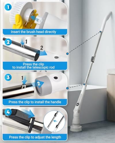 Electric Spin Scrubber, Cordless Shower Scrubber with 8 Replaceable Brush Heads, Adjustable Long Handle Bathroom Scrubber, 3 Speeds LED Display, IPX7 Waterproof Cleaning Brush for Bathtub Tile Floor - Image 6