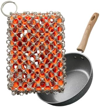 2026 Upgrade 316 Stainless Steel Pan Cleaner,4.5 Inch Triple-Ring Chain Mail Scrubber with Silicone Core, Cast Iron Pot Brush for Easier Removal of Stubborn Oil Stains & Food Residue–Orange by NTMY