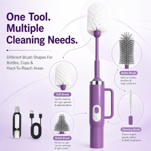 5 in 1 Electric Bottle Brush Cleaner Compatible Stanley Bottle Brush Straw Cleaner Multifunction Rechargeable IPX6 Waterproof Extra Long Design for Stanley Cup, Sports Bottle and More (Purple-1) - Image 5
