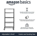 Amazon Basics 5-Shelf Heavy Duty Garage Shelving Storage Rack with 4" Wheel Casters, Adjustable Metal Wire Organizer, 300 lbs Per Shelf, 30" x 14" x 64.75", Black - Image 4