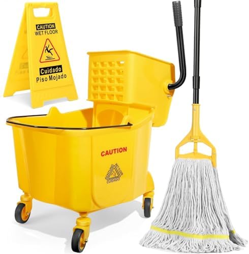 35 Qt Commercial Mop Bucket with Side Press Wringer on Wheels Set by EasyCleaningHappyLife