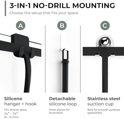 GÜTEWERK Silicone Shower Squeegee with 3-in-1 No-Drill Mount, Black, 9'' - Image 3