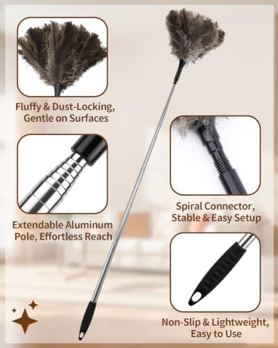 Extendable Ostrich Feather Duster with Bonus Wool Feather Duster Head - Natural Fluffy Non-Slip Handle Feathers Dusters for Cleaning Ceiling Fans, Blinds, Roof Dusting, High Surfaces (18-48 in) - Image 3