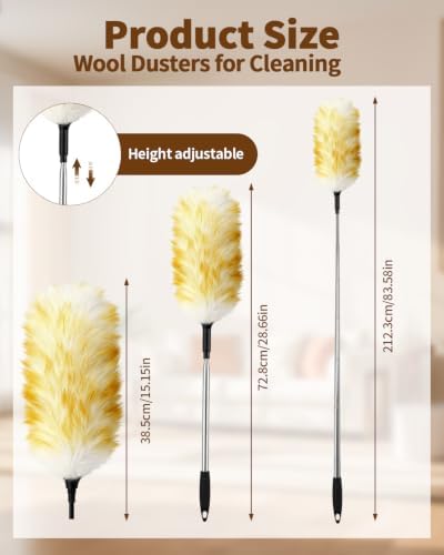 Extendable Wool Duster, 18-48 Inch Long Handle Duster with Natural Fluffy Wool Head, Dusters for Cleaning Ceiling Fans, Blinds, High Ceilings, Furniture, Washable & Reusable - Image 2