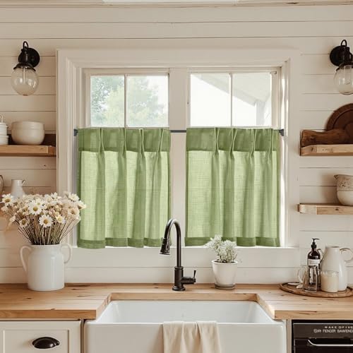 jinchan Linen Pinch Pleated Back Tab Tier Curtains, 26x30, Green by JINCHAN