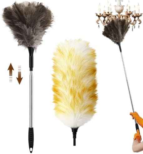 Extendable Ostrich Feather Duster with Bonus Wool Feather Duster Head - Natural Fluffy Non-Slip Handle Feathers Dusters for Cleaning Ceiling Fans, Blinds, Roof Dusting, High Surfaces (18-48 in) by Unknown