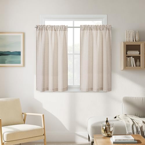 40 Inch Short Linen Curtains 2 Panels Rod Pocket for Small Window by DUKIYO