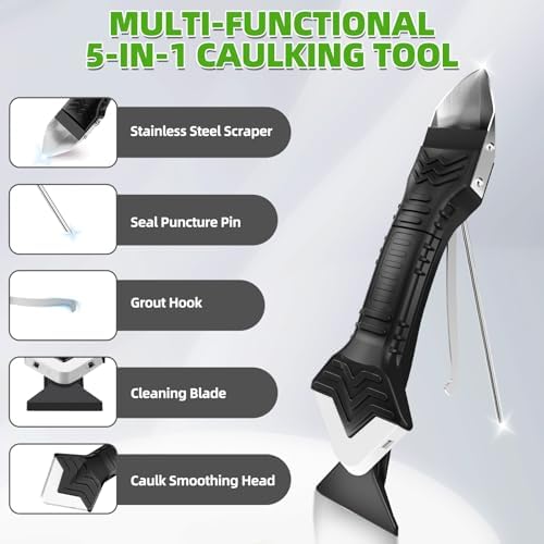 5 in 1 Silicone Caulking Tool Kit, Caulk Remover Tool with Stainless Steel Head,Caulk Finishing Tool with Different Angles,Grout Removal Tool for Kitchen Sink Washroom Bathroom Toilet Caulking (White) - Image 2