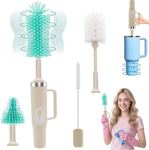 5 in 1 Electric Bottle Brush Cleaner Compatible Stanley Bottle Brush Straw Cleaner Multifunction Rechargeable IPX6 Waterproof Extra Long Design for Stanley Cup, Sports Bottle and More (Beige) by Keoshiga