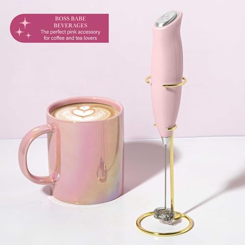 Paris Hilton Electric Handheld Milk Frother with Double Coil Head Whisk and Gold Metal Stand, Battery Powered (2 AA Batteries Required but Not Included), Pink - Image 5