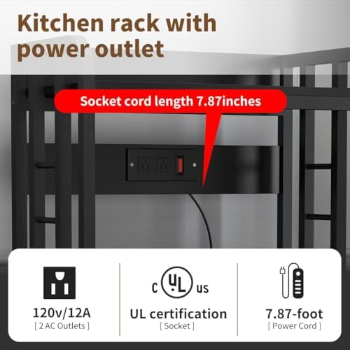 Bakers Rack with Power Outlet ，Microwave Stand 4-Tier Kitchen Baker's Rack, Free Standing Baker's Rack Kitchen Stands with Storage Suitable for Kitchen, Living Room, Dinning Room，Coffee Bar (Black) - Image 4