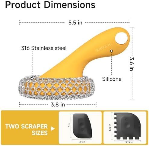 SUBEKYU Cast Iron Scrubber with Silicone Handle, Stainless Steel Skillet Cleaner for Cast Iron Pans (Yellow Scrubber + Scraper) - Image 5