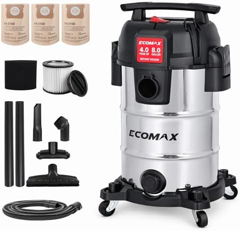 ECOMAX 8 Gallon Ultra Quiet Stainless Steel Shop Vacuum Wet and Dry by Ecomax