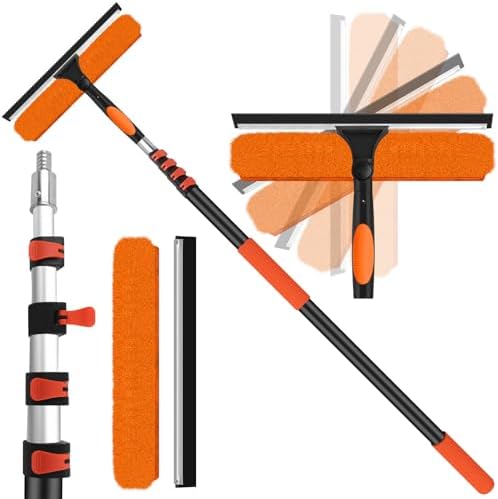 14" Window Squeegee with Extension Pole,26FT Reach High Window Washers for High Outside Windows,Professional Window Cleaning Tool Kit Include Replacement,180°Rotatable Squeegee for Indoor/Outdoor by ACTREY