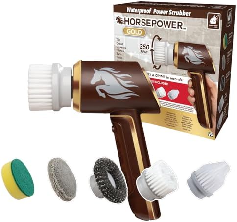 Horsepower Scrubber Gold Edition, Longer Battery, 350 RPM, 5 Brush Heads by Bulbhead