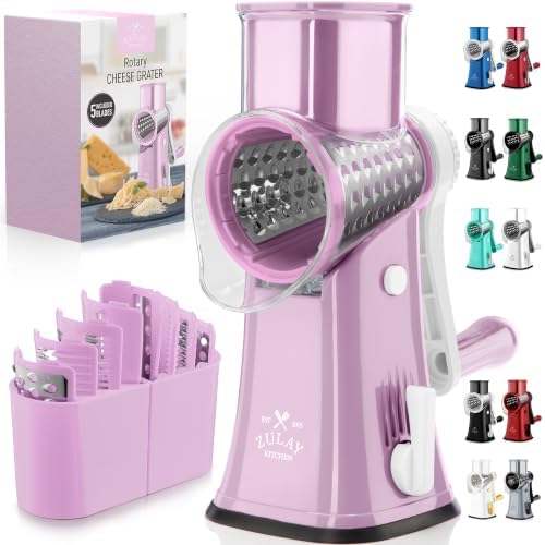 Zulay Kitchen Rotary Cheese Grater 5 Blade Cheese Shredder - Manual Hand Crank Cheese Grater With Reinforced Suction & 5 Interchangeable Drums - Easy to Use, Vegetable Chopper Round Mandoline Slicer by ZulayKitchen
