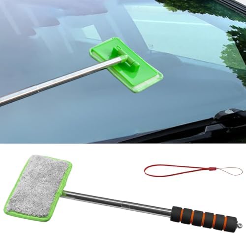 Car Windshield Cleaner Tool, Retractable Rearview Mirror Brush with Extendable Handle, Microfiber Window Washing Pad, Portable Auto Glass Wiper for Car Home Office (Green) by Unknown