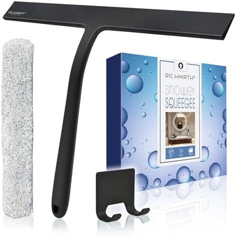 12 Inch Silicone Shower Squeegee for Glass Doors with Microfiber Cloth & Hook, Streak-Free Window Cleaner for Bathroom Mirror Tile Car, No-Scratch Squeegee with Rustproof Metal Core (Black) by RICHMIRTH