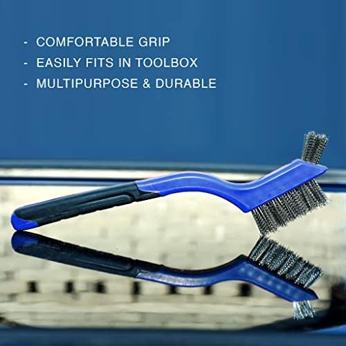 Lavaxon Wire Brush Set 3Pcs - Nylon/Brass/Stainless Steel Bristles with Curved Handle Grip for Rust, Dirt & Paint Scrubbing with Deep Cleaning – 7 Inches (Blue) - Image 5