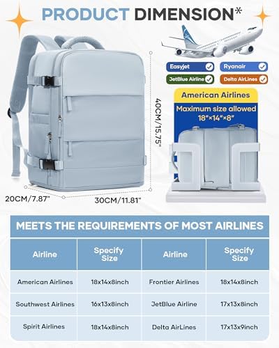 coofay Travel Backpack Carry on Flight Approved Mochila De Viaje Carry on Backpack for Airplanes Spirit Airlines Personal Item Bag 18x14x8 Inches Travel Bag Traveling Backpack for Women Men Grey Blue - Image 3