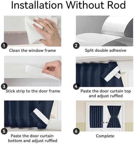 Vatge Privacy French Door Curtain - Thermal Insulated Self Adhesive Blackout Door Curtains with Tieback, 1 Panel, W54 x L40, Navy - Image 3