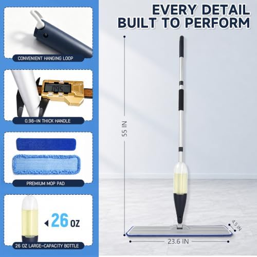 24" Dry mops for Floor Cleaning, Microfiber mop Spray System, Commercial Heavy-Duty Wet mops with 28oz Big Tank, 2 Washable Pads (Blue, 24inch) - Image 2