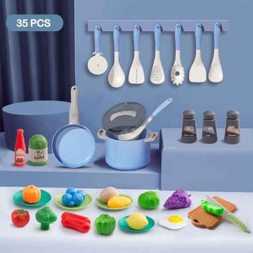 35Pcs Kids Kitchen Toy Accessories, Toddler Pretend Cooking Playset with Play Pots, Pans, Utensils, Cookware, Play Food Set, Toy Vegetables, Learning Gift for Girls & Boys (Blue) - Image 2