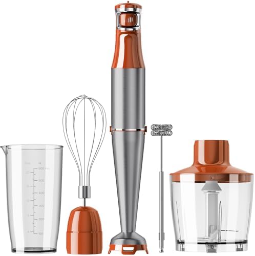 Turelar Immersion Blender Handheld Corded Hand Blenders Set 1100W, Trigger Variable Speed 5 in 1 Stick Emulsifier with Chopper, Whisk and Frother for Soup, Baby Food and Smoothies, Orange by Turelar