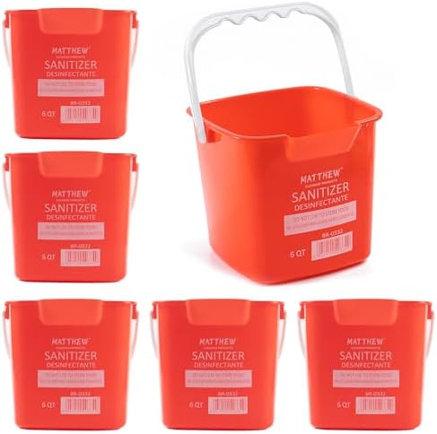 Matthew Detergent And Sanitizing Cleaning Bucket 6 Quart Plastic Pail,Set of 6 Square Containers,Built-In Spout w/Handle,Wash Rinse Sanitize Handwash Bucket for Home Office Commercial Restaurant (Red) by MATTHEWCLEANINGPRODUCTS