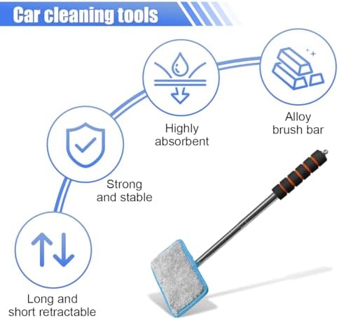 Car Windshield Cleaner Tool, Retractable Rearview Mirror Brush with Extendable Handle, Microfiber Window Washing Pad, Portable Auto Glass Wiper for Car Home Office (Blue) - Image 3