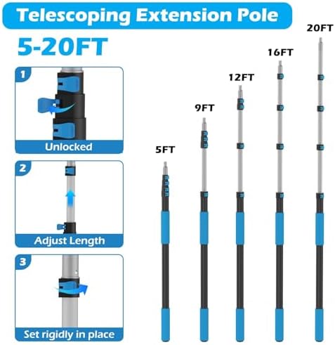26FT Reach Cobweb Duster with Extension Pole - Spider Web Brush for Cleaning with 5-20FT 4-Section Flip-Lock Telescopic Pole, Effortlessly Cleans High Indoor & Outdoor Webs - Image 6