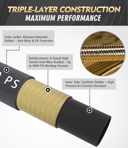 3/8" 4800PSI Pressure Washer Hose 150FT with 360° Swivel Quick Connect, Flexible & Kink Resistant Steel Wire Braided & Durable for Hot/Cold Water, High Power Washer Hose With M22 14mm Adapter - Image 4